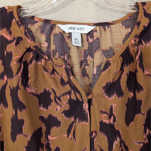 Nine West Women's XXL Blouse Autumnal Colored Button Up Balloon Sleeve Abstract - Picture 9 of 16